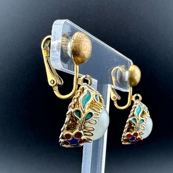 Vintage Clip-on Earrings Vermeil Gold Over Silver Cloisonne White Nephrite Jade - Picture 7 of 12